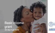 Woman holds baby with text on basic income grants